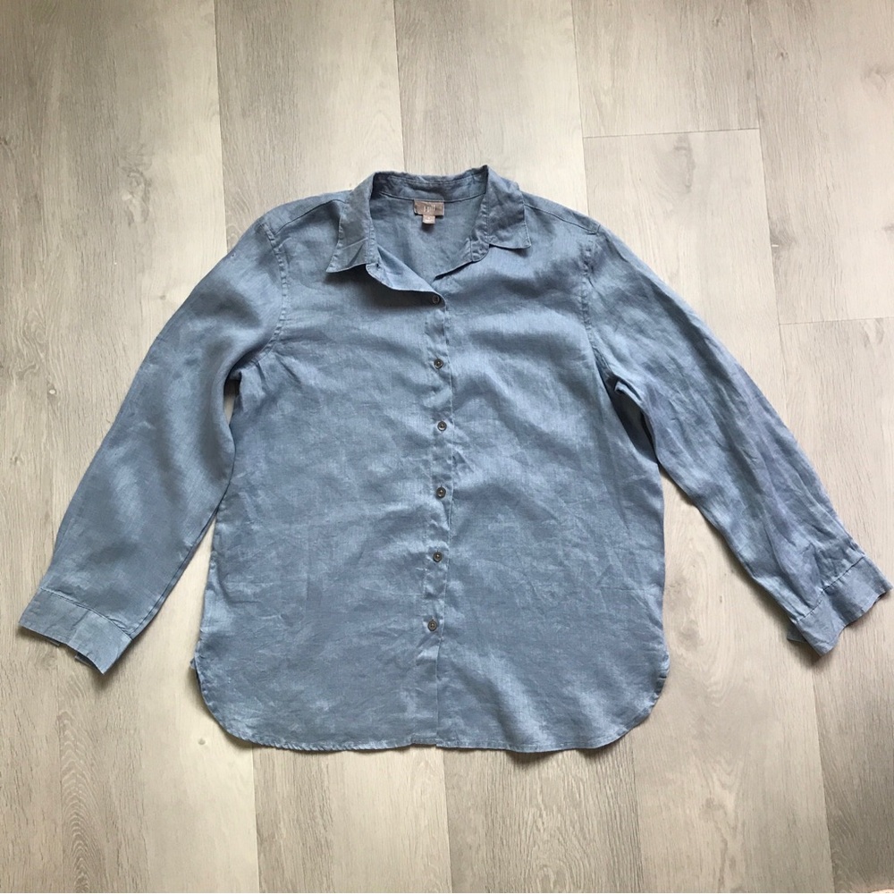 J JILL LINEN BLUE BUTTON LONG SLEEVE COLLARED SHIRT BREATHABLE BEACH SMALL